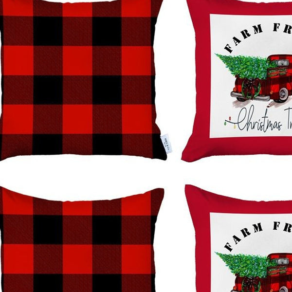 Homeroots Set Of Four Red Black And White Farm Fresh Christmas Tree Holiday Red Truck Plaid Fabric Throw Pillows   400901