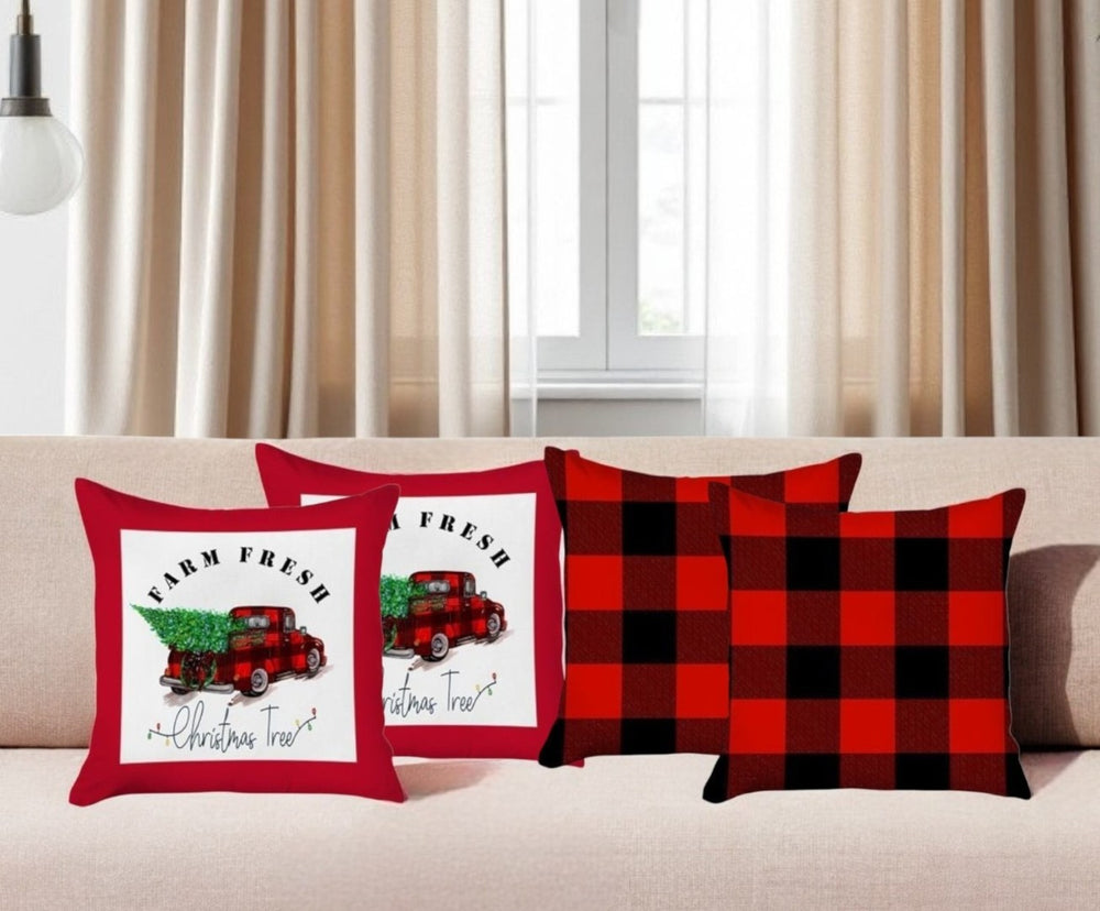 HomeRoots Set of Four Festive Red, Black & White Holiday Throw Pillows with Vintage Truck & Plaid Designs 400901