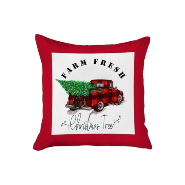 Homeroots Set Of Four Red Black And White Farm Fresh Christmas Tree Holiday Red Truck Plaid Fabric Throw Pillows   400901
