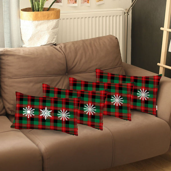 HomeRoots Set of 4 Cozy Christmas Lumbar Throw Pillows with Snowflake Trio & Plaid Design for Holiday Flair 400902
