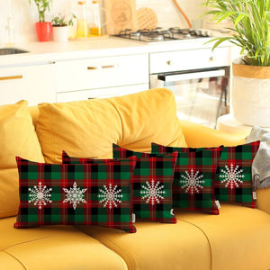 HomeRoots Set of 4 Cozy Christmas Lumbar Throw Pillows with Snowflake Trio & Plaid Design for Holiday Flair 400902