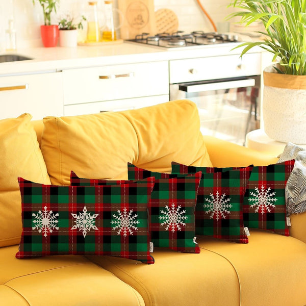 HomeRoots Set of 4 Cozy Christmas Lumbar Throw Pillows with Snowflake Trio & Plaid Design for Holiday Flair 400902