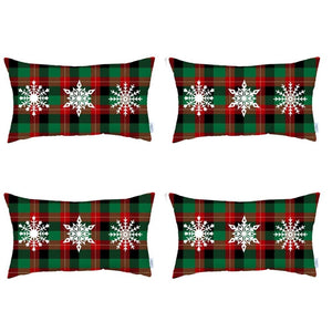 HomeRoots Set of 4 Cozy Christmas Lumbar Throw Pillows with Snowflake Trio & Plaid Design for Holiday Flair 400902
