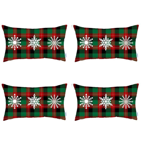 HomeRoots Set of 4 Cozy Christmas Lumbar Throw Pillows with Snowflake Trio & Plaid Design for Holiday Flair 400902