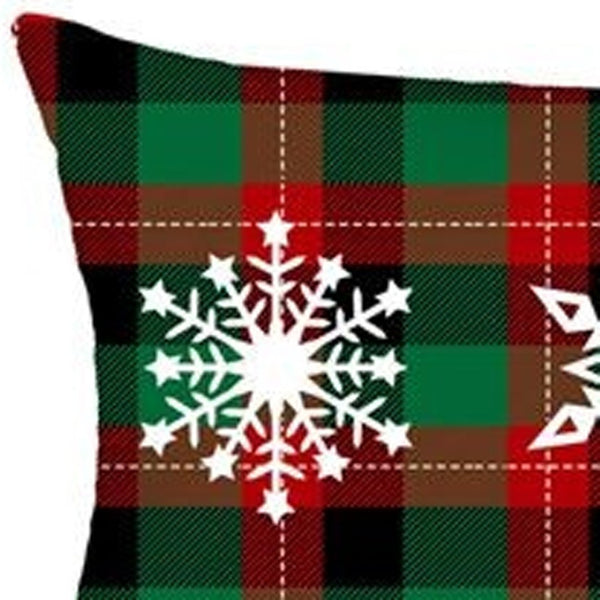 HomeRoots Set of 4 Cozy Christmas Lumbar Throw Pillows with Snowflake Trio & Plaid Design for Holiday Flair 400902