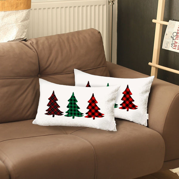 Homeroots Set Of 2 Christmas Tree Trio Plaid Lumbar Throw Pillows   400909