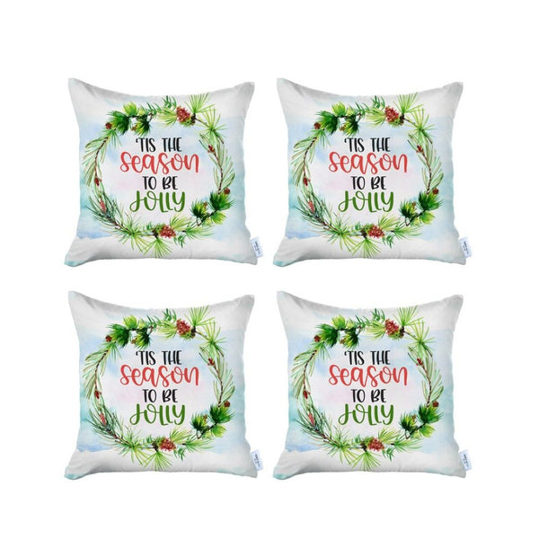 HomeRoots Set of Four 18" Green & White Holiday Throw Pillows – Jolly Wreath Design for Festive Cheer! 400911
