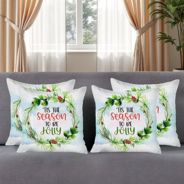 HomeRoots Set of Four 18" Green & White Holiday Throw Pillows – Jolly Wreath Design for Festive Cheer! 400911