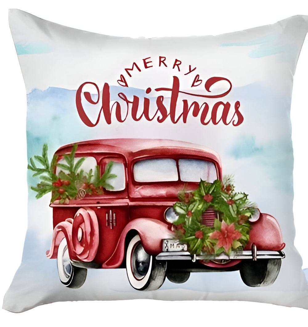 HomeRoots Set of Four 18" Merry Christmas Vintage Red Truck Throw Pillows – Soft, Cozy Holiday Decor 400912