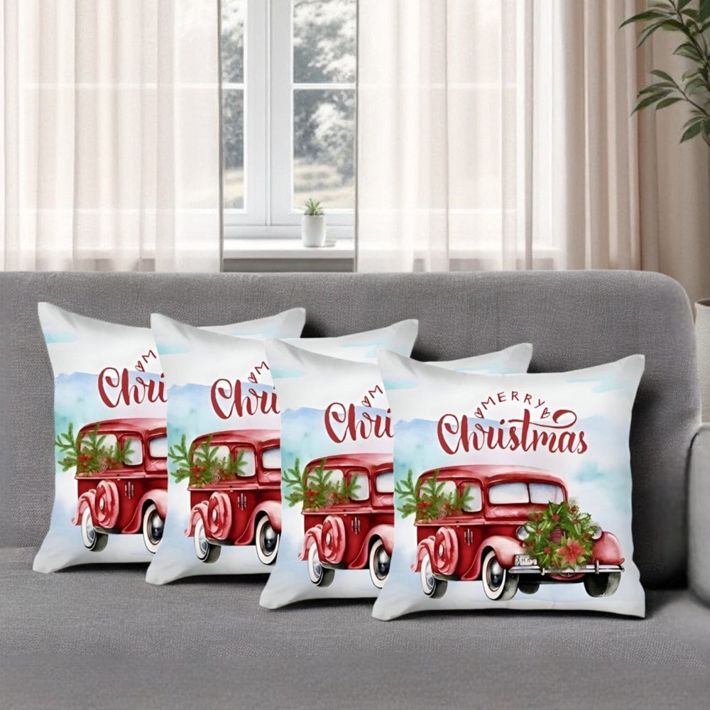 HomeRoots Set of Four 18" Merry Christmas Vintage Red Truck Throw Pillows – Soft, Cozy Holiday Decor 400912