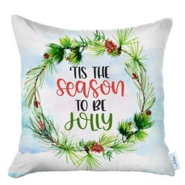 HomeRoots Set of Four Festive Christmas Wreath Throw Pillows - Merry Christmas & Tis the Season Decor 400913
