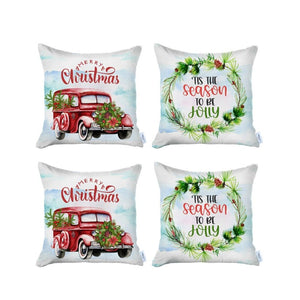 HomeRoots Set of Four Festive Christmas Wreath Throw Pillows - Merry Christmas & Tis the Season Decor 400913