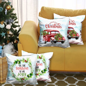 HomeRoots Set of Four Festive Christmas Wreath Throw Pillows - Merry Christmas & Tis the Season Decor 400913
