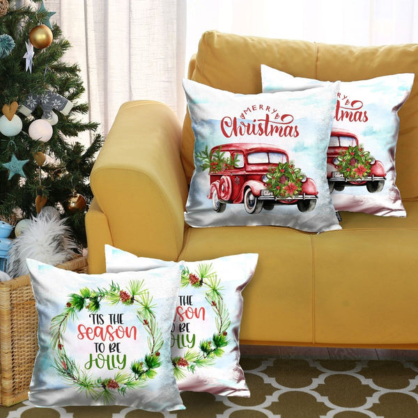 HomeRoots Set of Four Festive Christmas Wreath Throw Pillows - Merry Christmas & Tis the Season Decor 400913