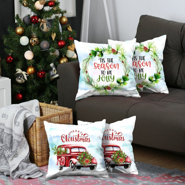 HomeRoots Set of Four Festive Christmas Wreath Throw Pillows - Merry Christmas & Tis the Season Decor 400913