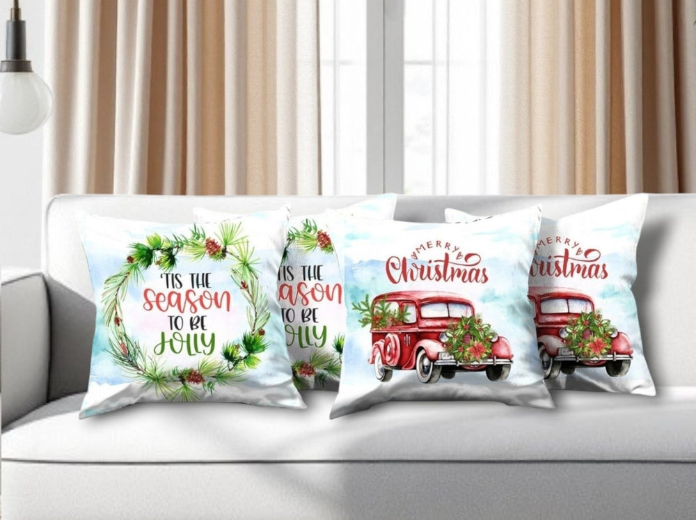 HomeRoots Set of Four Festive Christmas Wreath Throw Pillows - Merry Christmas & Tis the Season Decor 400913