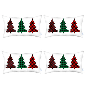 HomeRoots Set of Four 12" X 20" Plaid Christmas Tree Lumbar Throw Pillows for Cozy Holiday Decor & Comfort 400914