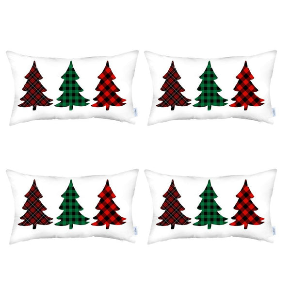 HomeRoots Set of Four 12" X 20" Plaid Christmas Tree Lumbar Throw Pillows for Cozy Holiday Decor & Comfort 400914