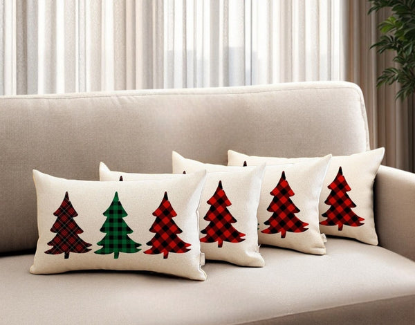 HomeRoots Set of Four 12" X 20" Plaid Christmas Tree Lumbar Throw Pillows for Cozy Holiday Decor & Comfort 400914