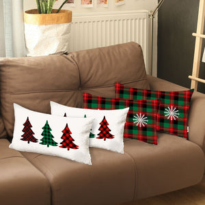 HomeRoots Set of Four Cozy Plaid Christmas Tree Lumbar Throw Pillows in Festive Red, Green, and White 400915