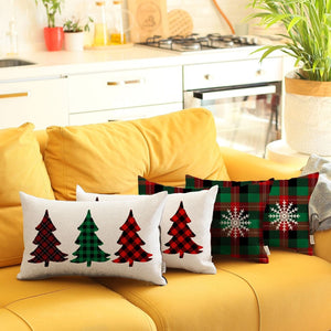 HomeRoots Set of Four Cozy Plaid Christmas Tree Lumbar Throw Pillows in Festive Red, Green, and White 400915