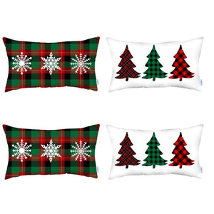 HomeRoots Set of Four Cozy Plaid Christmas Tree Lumbar Throw Pillows in Festive Red, Green, and White 400915
