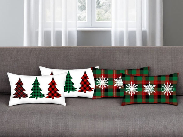HomeRoots Set of Four Cozy Plaid Christmas Tree Lumbar Throw Pillows in Festive Red, Green, and White 400915