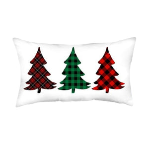 HomeRoots Set of Four Cozy Plaid Christmas Tree Lumbar Throw Pillows in Festive Red, Green, and White 400915