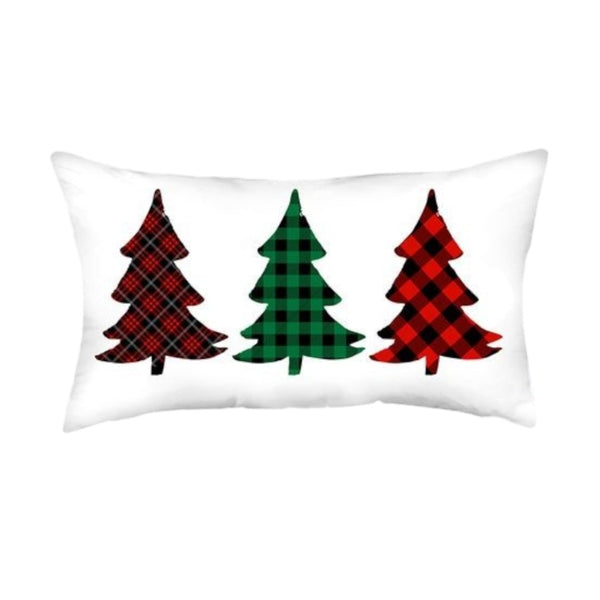 HomeRoots Set of Four Cozy Plaid Christmas Tree Lumbar Throw Pillows in Festive Red, Green, and White 400915