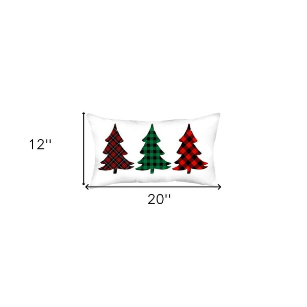 HomeRoots Set of Four Cozy Plaid Christmas Tree Lumbar Throw Pillows in Festive Red, Green, and White 400915