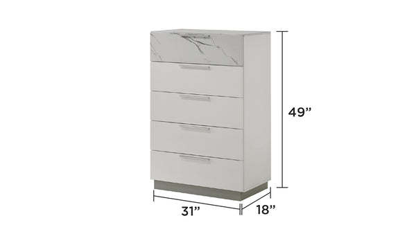 English Elm Mist Chest White Modern Lacquer Chest with Marble Accents, 5 Smooth-Glide Drawers, Velvet-Lined Top Drawer and Minimalist Handles G150108673