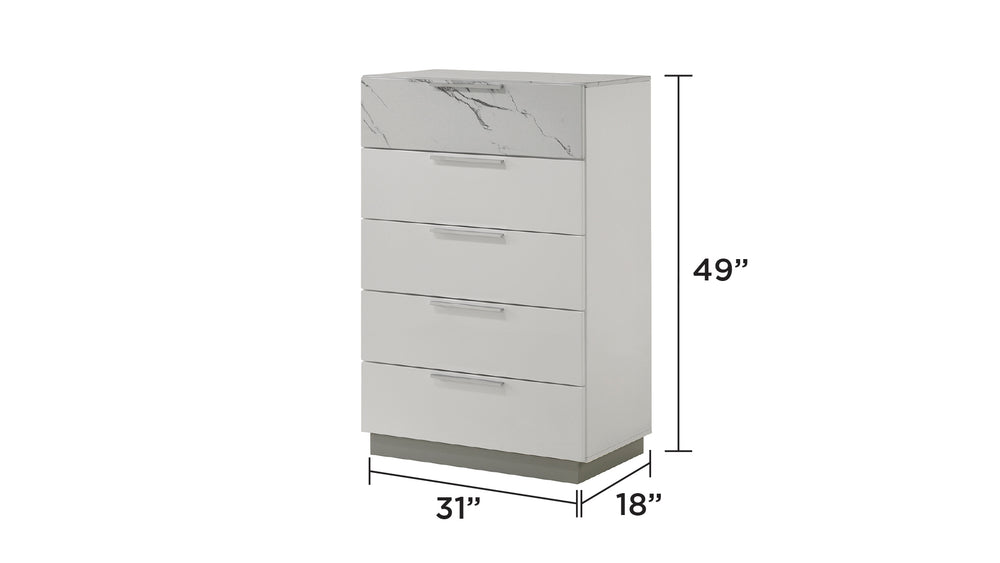 English Elm Mist Chest White Modern Two-Tone Marble Accent Lacquer Chest with 5 Smooth-Glide Drawers & Velvet-Lined Top Drawer B009P309329