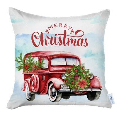 Homeroots Set Of 4 Merry Christmas Vintage Red Car Thow Pillow Covers   400935