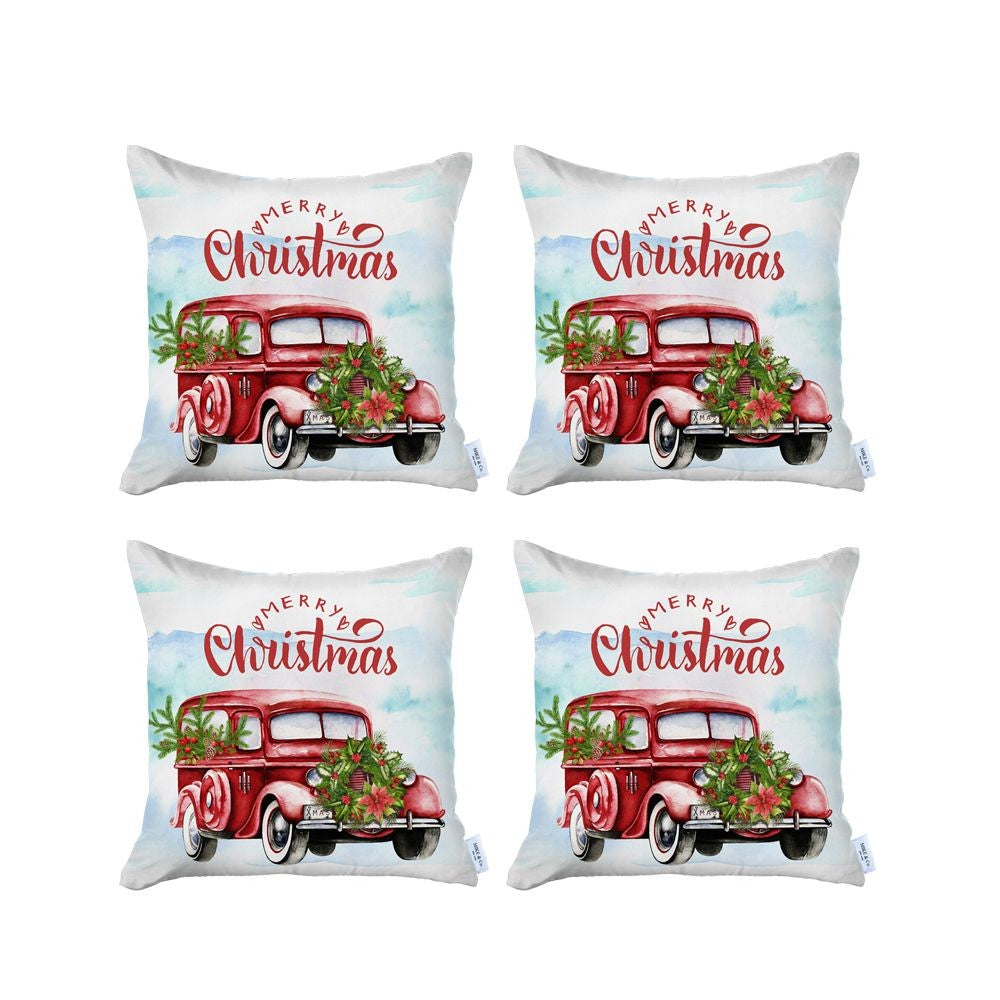 Homeroots Set Of 4 Merry Christmas Vintage Red Car Thow Pillow Covers   400935