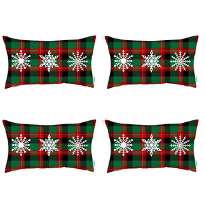 Homeroots Set Of 4 Christmas Snowflake Trio Plaid Lumbar Pillow Covers   400938