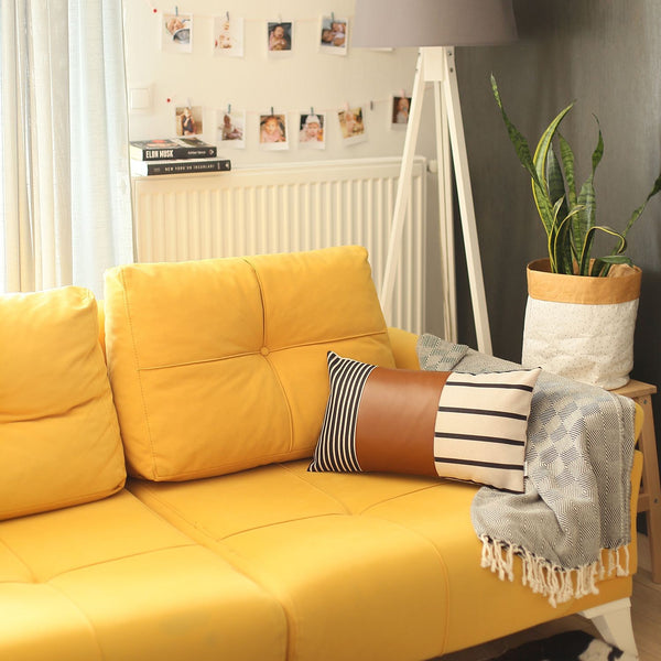 Homeroots Set Of Two Beige Brown And Black Geometric Fabric And Faux Leather Throw Pillows   400955