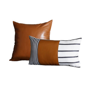 Homeroots Set Of Two Beige Brown And Black Geometric Fabric And Faux Leather Throw Pillows   400955