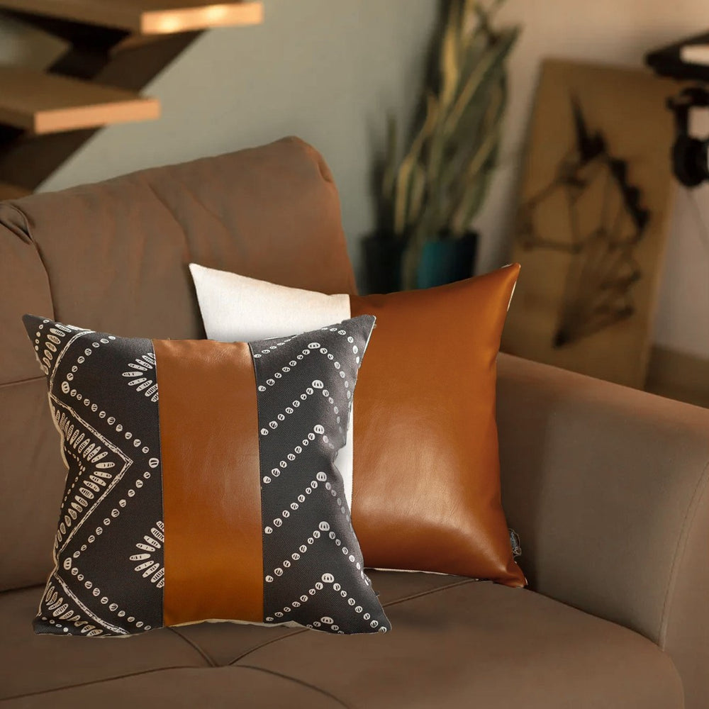 HomeRoots Set of 2 Chic Black and Brown Faux Leather Throw Pillows for Modern Bohemian Home Decor Essentials 400956