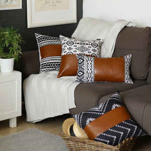 HomeRoots Set of 2 Chic Black and Brown Faux Leather Throw Pillows for Modern Bohemian Home Decor Essentials 400956