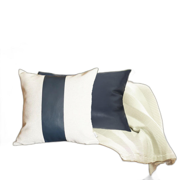 Homeroots Set Of 2 White And Navy Faux Leather Throw Pillows   400960
