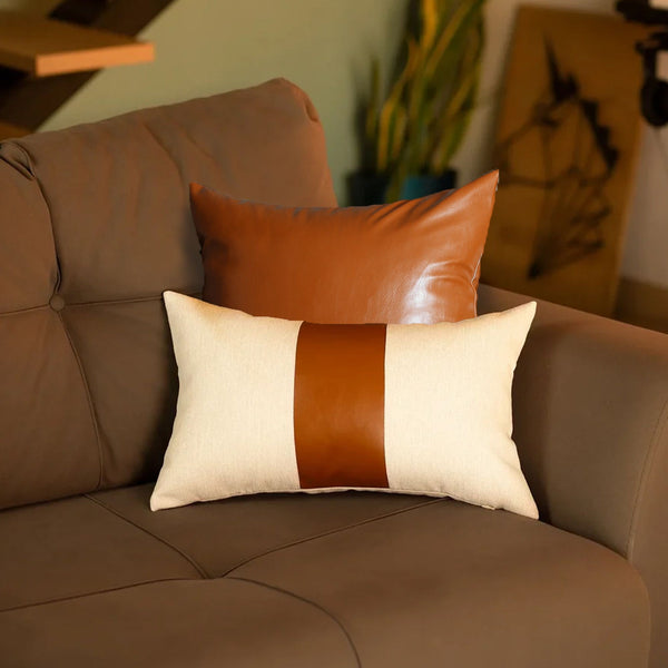 Homeroots Set Of 2 White And Brown Faux Leather Throw Pillows   400961