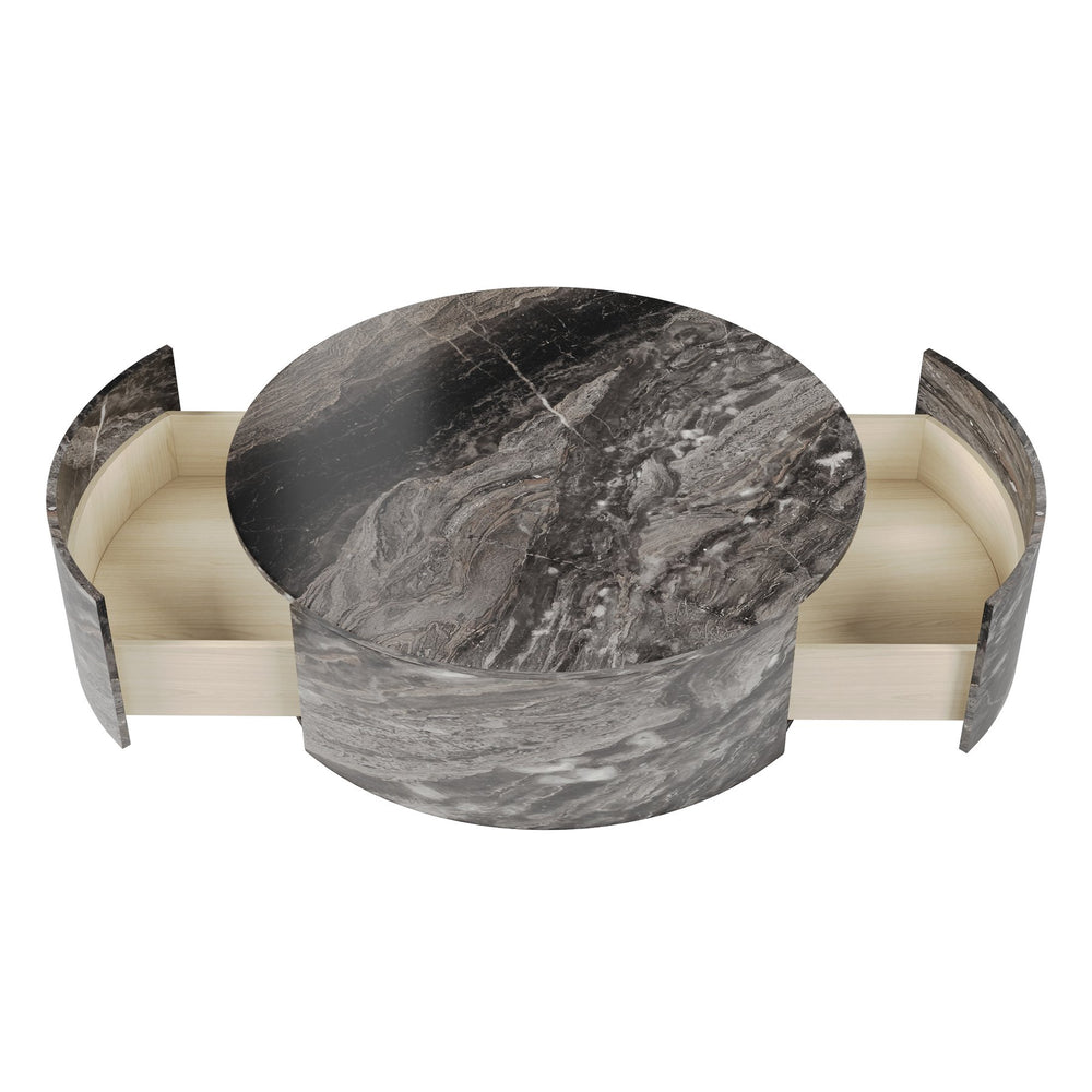 English Elm Tavola Round Coffee Table with Marble Pattern Top and Metal Legs, Two Drawers for Stylish Storage Brown B341P321163