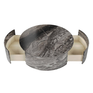 English Elm Tavola Round Coffee Table with Marble Pattern Top and Metal Legs, Two Drawers for Stylish Storage Brown B341P321163