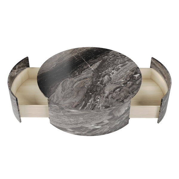 English Elm Tavola Round Coffee Table with Marble Pattern Top and Metal Legs, Two Drawers for Stylish Storage Brown B341P321163