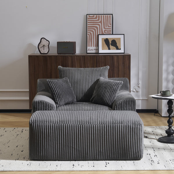 English Elm Oversized corduroy chaise lounge with ottoman, plush boneless sofa, ergonomic pillows for relaxing comfort Grey W1901P278403