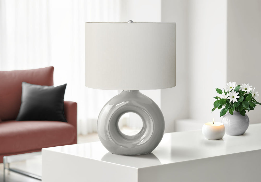 English Elm Lighting, Grey Ceramic Donut Base Table Lamp with Oval Ivory Shade Modern Decor B2710P461821