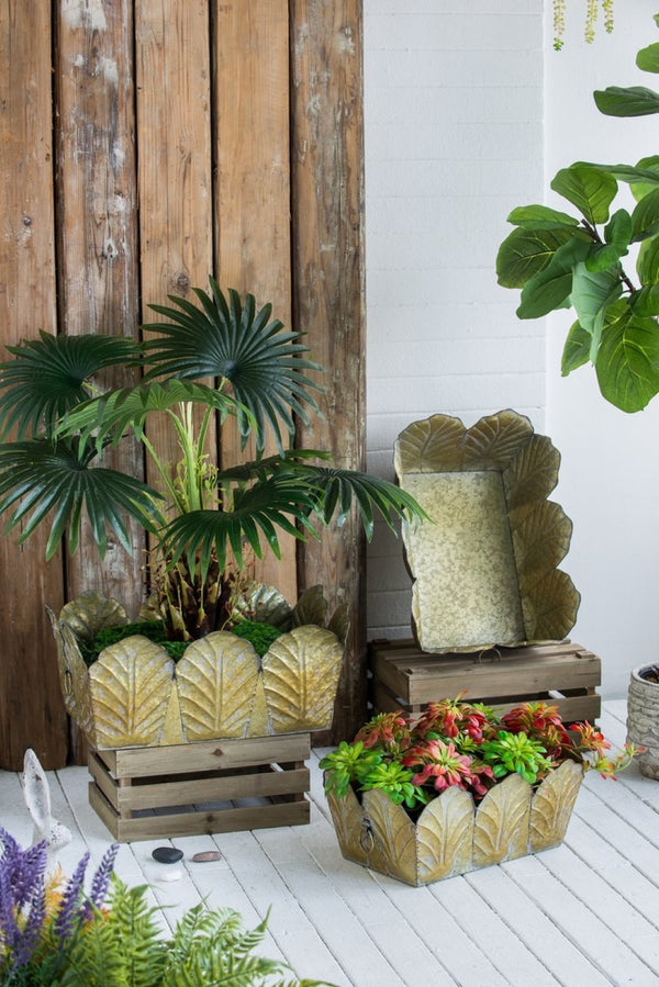 English Elm Set of 3 Zinc Planters with Aged Golden Patina for Rustic Farmhouse Indoor Decor W2078P499528