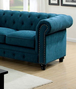 English Elm Contemporary Button-Tufted Loveseat with Nailhead Trim and Rolled Arms in Leatherette, Chic Design Teal 68 L x 30 W x 38 H B2741P322612