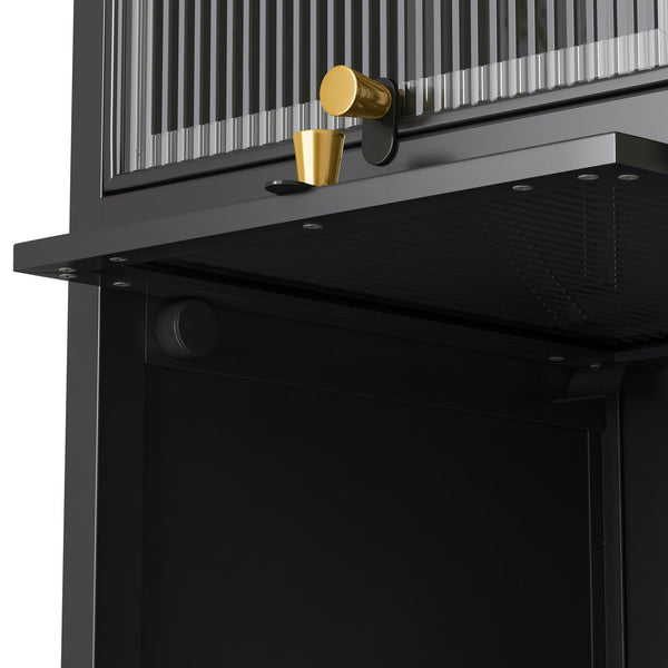 English Elm Modern Four-tier Glass Door Cabinet with Slim Iron Frame, Five Shelves, Heavy-Duty 33lb Capacity Black W757P241562