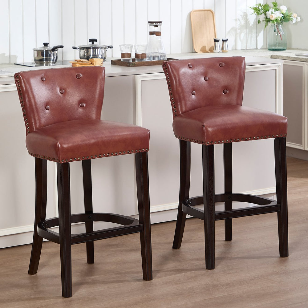 English Elm Bar Stools Set Of 2 - 29.5" Brown Leather & Hardwood Frame, Stylish Comfort For Home Bars & Dining W2195P290198
